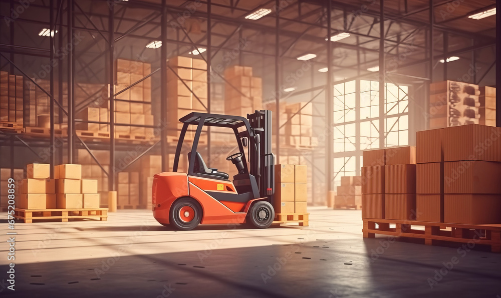 Forklift is loading pallet with boxes to shelves, Generative AI