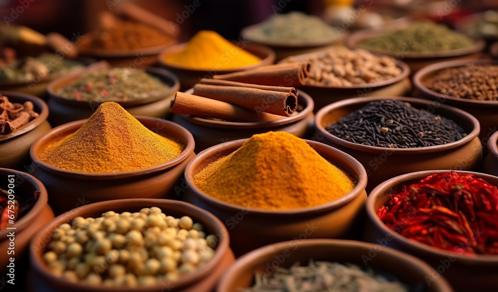 Spices on a spice market in a close-up shot, Generative AI