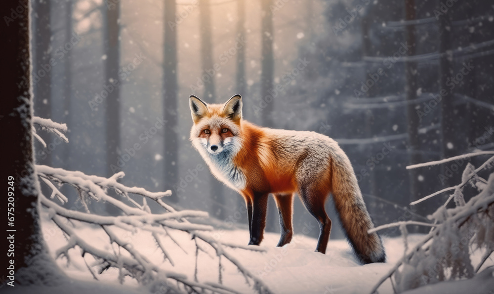 Naklejka premium Red fox in the winter forest, Generative AI