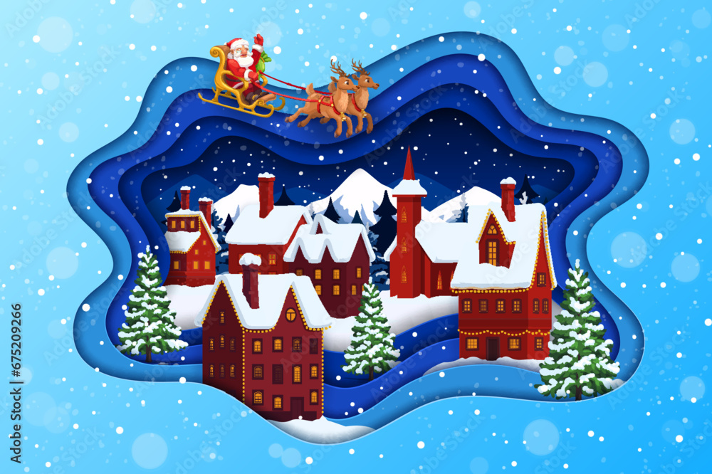Christmas paper cut flying Santa on sleigh and snowy town. Christmas holiday 3d background or Xmas, New Year vector greeting card or banner with Santa Claus character, reindeers, snowy city houses