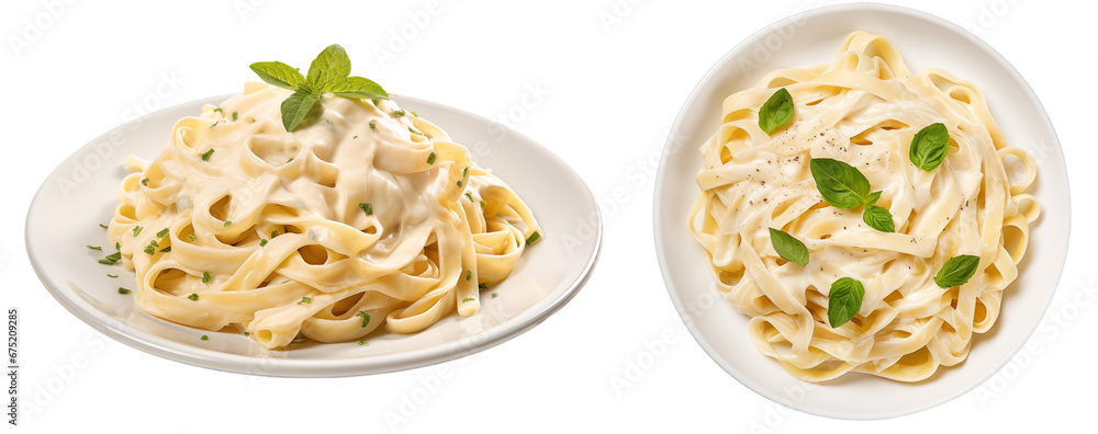 Creamy fettuccine Alfredo pasta with Parmesan cheese isolated on white background, italian food bundle - obrazy, fototapety, plakaty 