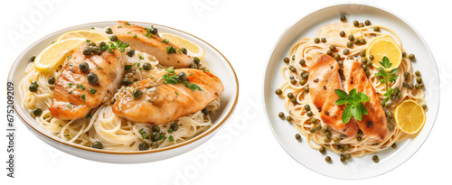 Chicken piccata with lemon caper sauce over spaghetti pasta isolated on white background, italian food bundle