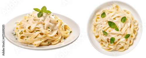 Creamy fettuccine Alfredo pasta with Parmesan cheese isolated on white background, italian food bundle