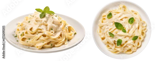 Obraz  z motywem Creamy fettuccine Alfredo pasta with Parmesan cheese isolated on white background, italian food bundle