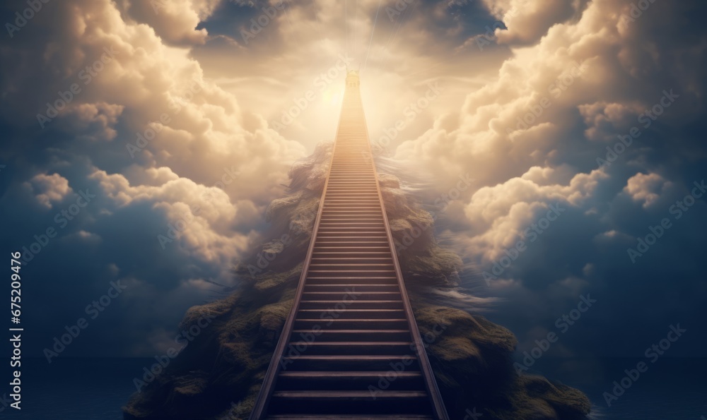 Stairway through the clouds to the heavenly light, Generative AI