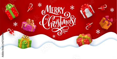 Christmas paper cut banner with falling gifts and presents. Vector holiday greeting card with gift boxes and snowflakes on red background with snow drift layers. Xmas 3d paper craft with lettering