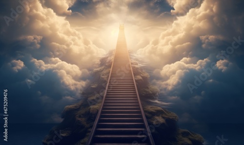 Stairway through the clouds to the heavenly light, Generative AI
