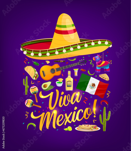 Viva Mexico banner with sombrero, Tex Mex food and flag. Latin culture party poster with national flag, meals and tequila, guitar and maracas musical instruments, Viva Mexico slogan typography