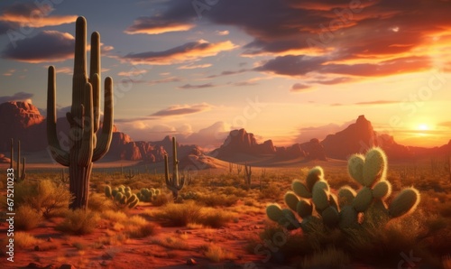 Arizona desert landscape with Saguaro cactus at sunset, Generative AI photo