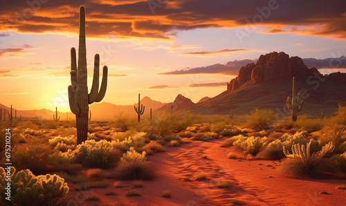 Arizona desert landscape with Saguaro cactus at sunset, Generative AI © Visual Odyssey