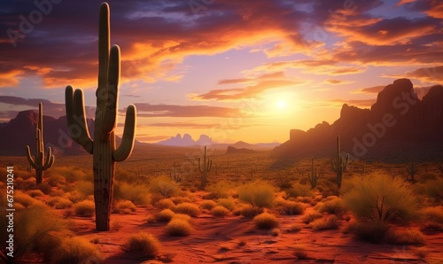 Arizona desert landscape with Saguaro cactus at sunset, Generative AI © Visual Odyssey