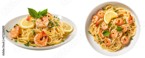 Lemon garlic shrimp linguine isolated on transparent background, italian pasta collection, food bundle