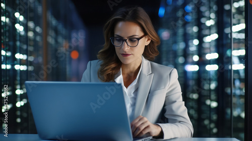 Data Cloud Protection Network, Portrait of woman with laptop, System Administrator Engineer. Server Room Specialist, Cyber Security Concept. Ai Generative