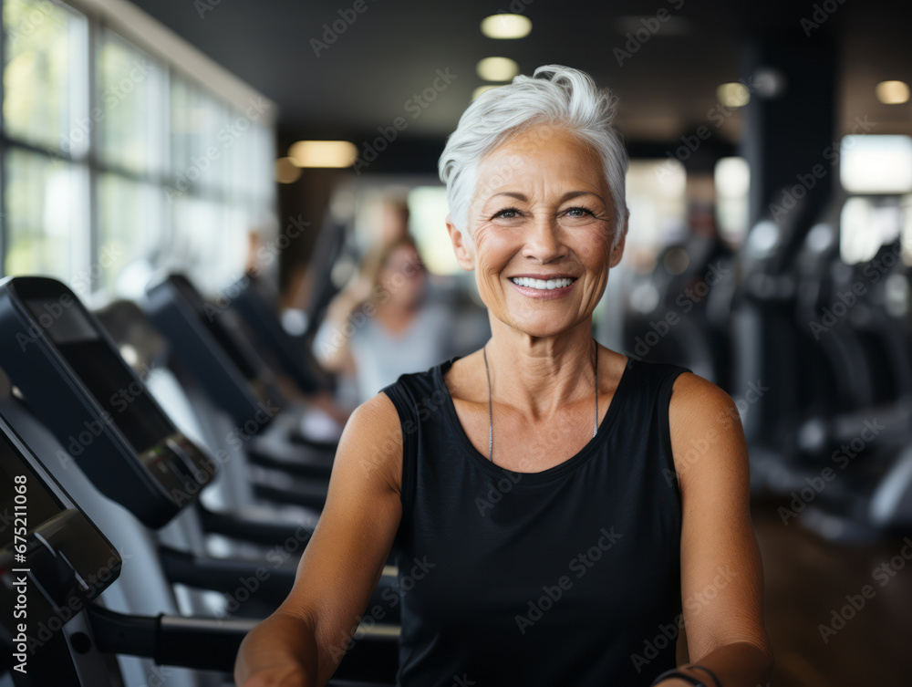 Fototapeta premium Old woman with grey hair training in gym. Healthy life with sport and fitness concept. Ai generative illustration
