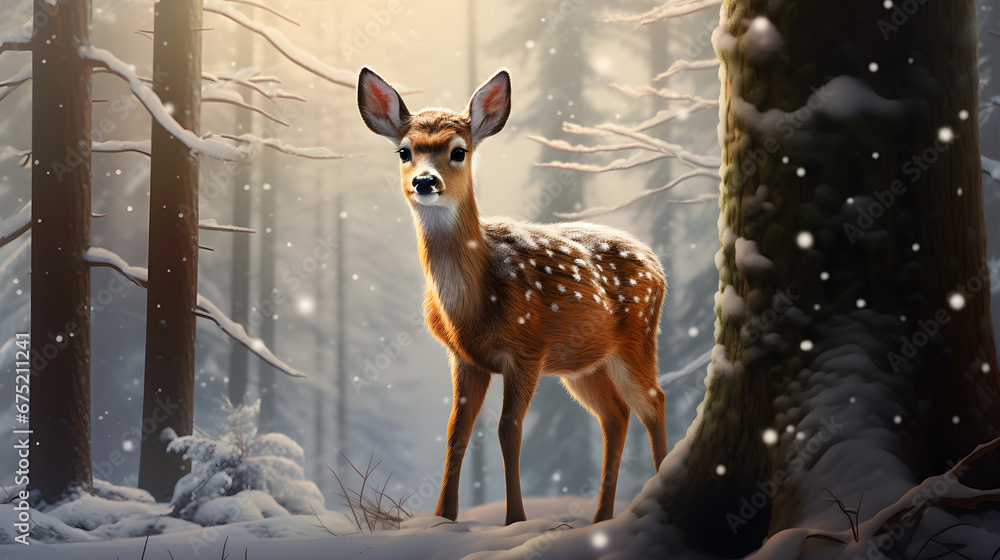Obraz premium Cute deer in the snowy forest 