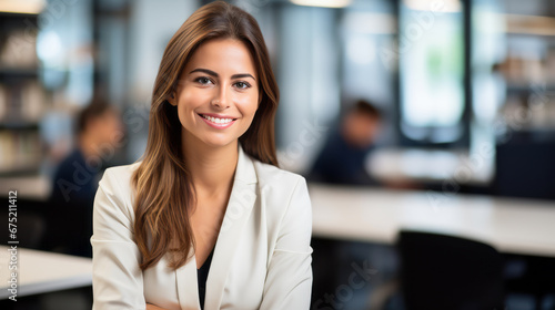 Portrait of beautiful businesswoman looks at the camera and smiles. Office background. Feminine business and career success concept. Woman with stylish hair. Formal wear. Ai generative
