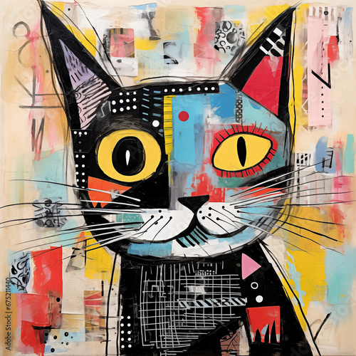 A patchwork collage of a abstract cat. A assemblage of textured elements. Vibrant colours  photo