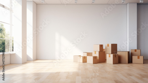 Empty white mock up copy space wall with carton boxes in empty room interior, moving concept. Sunlight big windows. Move to new building. Ai generative photo