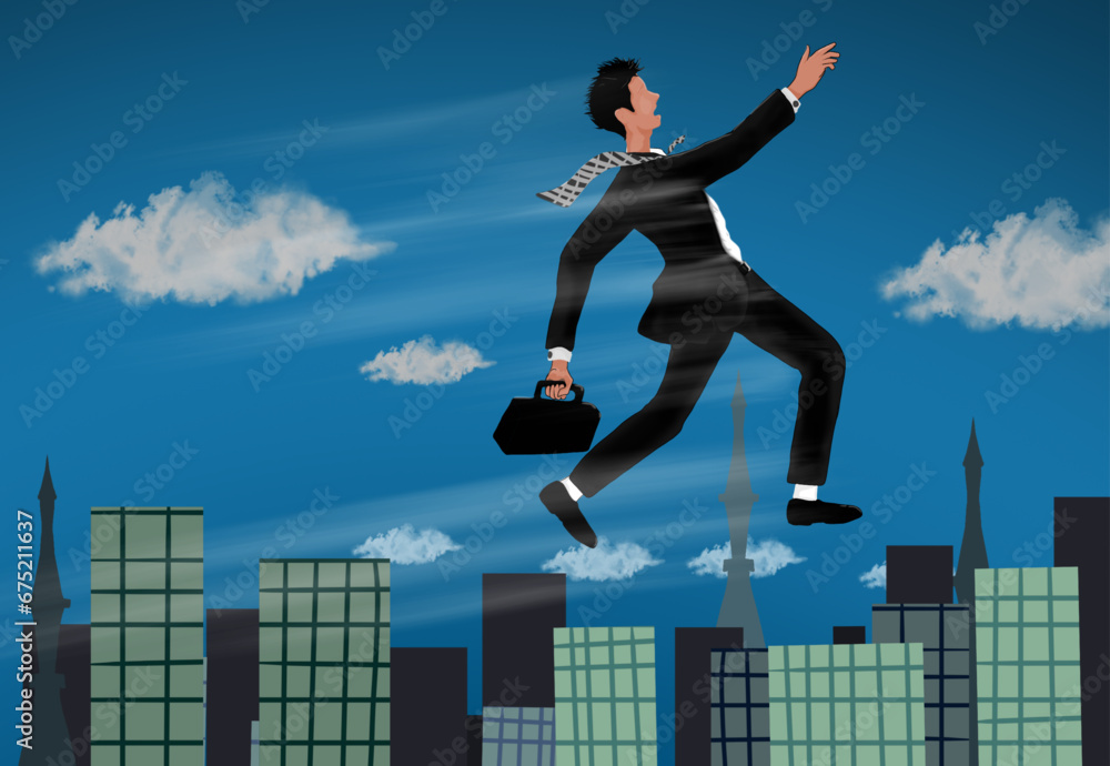 a man in an office suit with a bag in hand, jumps over buildings and floats in the air, with a background of buildings and a cloudy blue sky