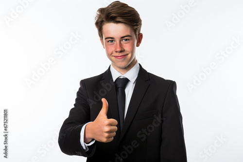 a man in a suit giving a thumbs up