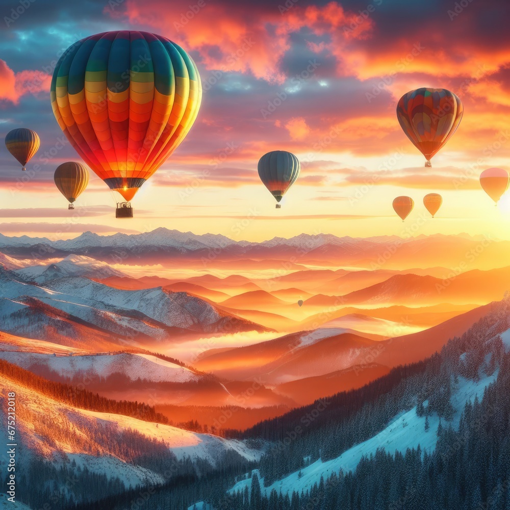 A photo of four colorful air balloons flying over icy rock hills A photo of four colorful air balloons flying over icy rock hills