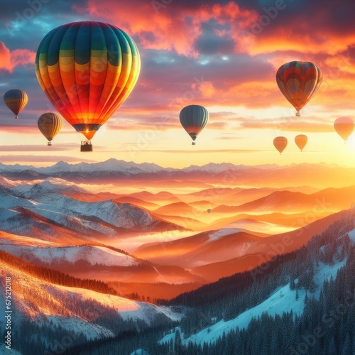 A photo of four colorful air balloons flying over icy rock hills © pahis