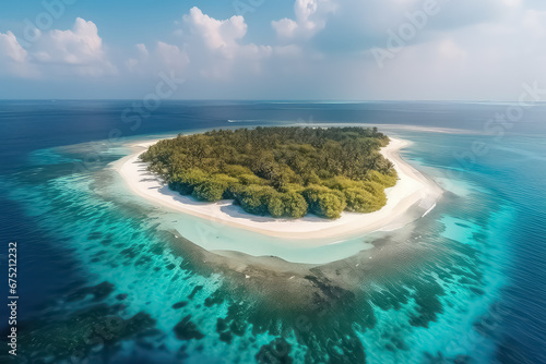 Drone photo of beautiful paradise Maldives tropical beach on island,