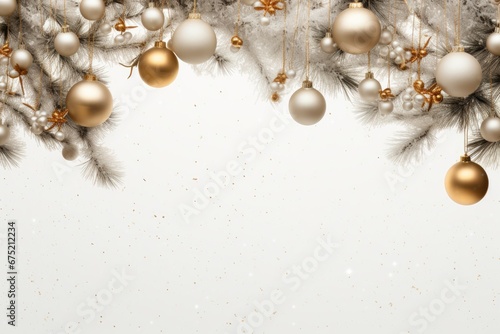 Banner of decorative christmas tree branches with cones and balls