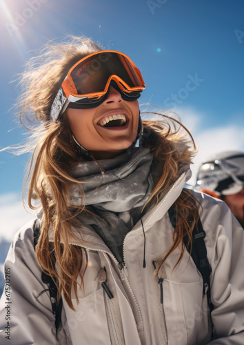 woman snowboarder, skier in the mountains, winter snowy slope, sport, active recreation, lifestyle, people, skiing, snowboarding, athlete, portrait, warm clothes, vacation, travel, nature