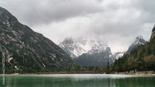 Panoramic view of Braies lake, Alps, Italy. Copy space calm background. Mental health concept.