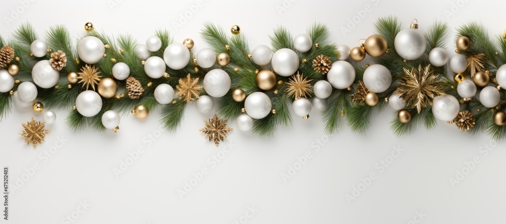 Banner of decorative christmas tree branches with cones and balls Banner of decorative christmas tree branches with cones and balls