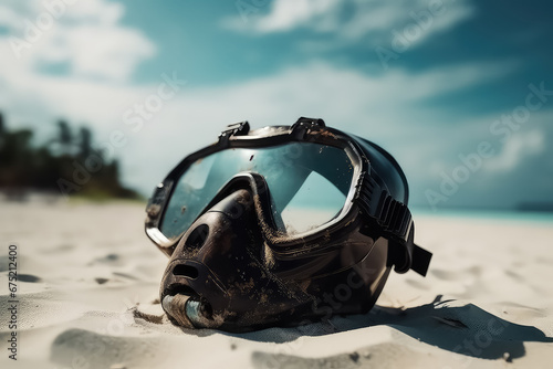 swimming mask on Maldives beach close up,