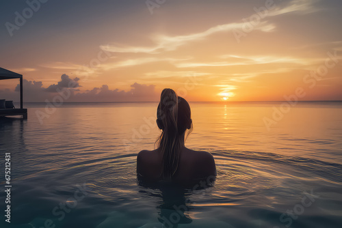 Woman relaxing in infinity swimming pool in Maldives, © yurakrasil