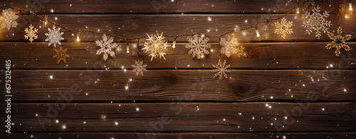 Christmas Ornament On Wooden Background With Snowfalls