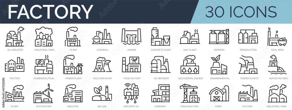 Set of 30 outline icons related to factory, plants, industrial. Linear icon collection. Editable stroke. Vector illustration