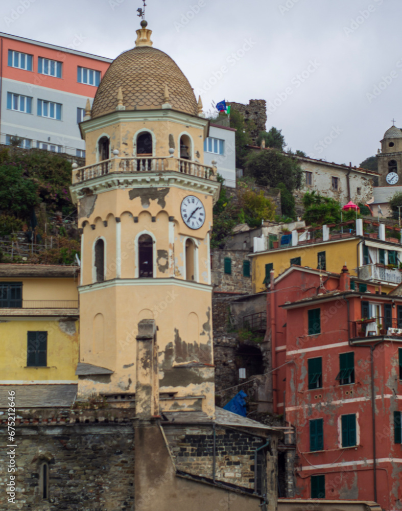 Vernazza Bell Tower, Colorful Houses, and Harbor, Cinque Terre, Italy
