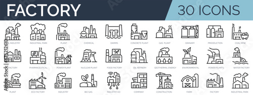 Set of 30 outline icons related to factory, plants, industrial. Linear icon collection. Editable stroke. Vector illustration