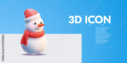 Cheerful Snowman with Red Santa Hat and Scarf on Blue Background. 3d cute snowman with Xmas hat. Vector