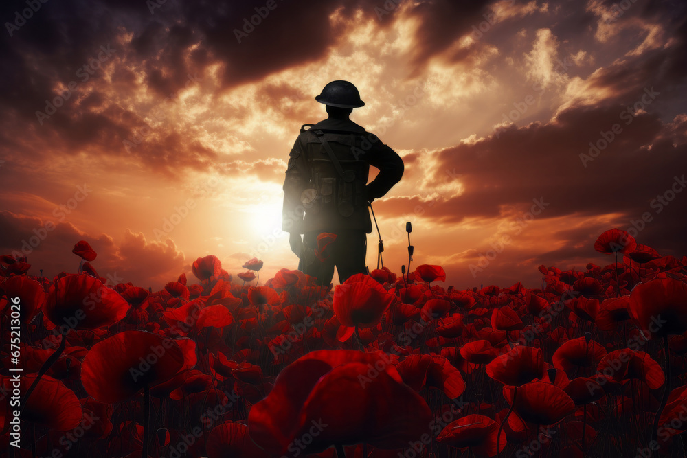 A silhouette of a military soldier standing in a field of poppies. Remembrance day - obrazy, fototapety, plakaty 