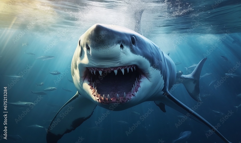 Obraz premium A big white shark in the sea under the water, Generative AI