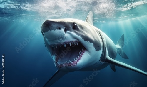 A big white shark in the sea under the water, Generative AI © Visual Odyssey