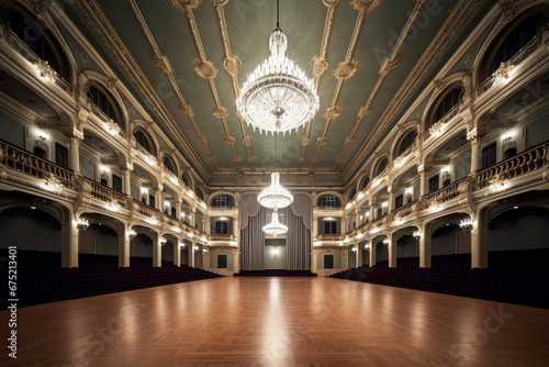 Interior of the opera hall, classical architecture of entertainment performances, ballet, theater. AI generated.
