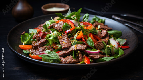 Beef salad with mint and bell pepper.