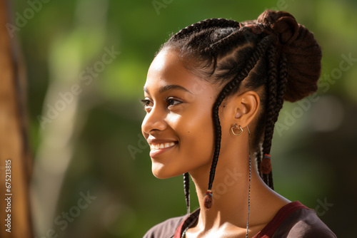 a woman with a braided bun with a smile
