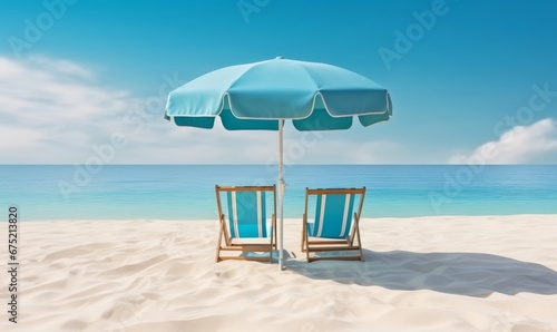 Beach chairs and an umbrella on a white sand beach  Generative AI
