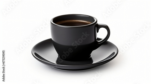 Black coffee in a black cup placed on a saucer.