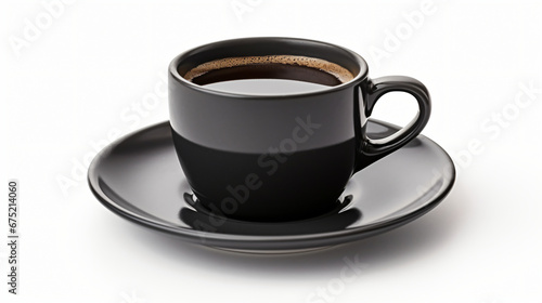Black coffee in a black cup placed on a saucer.