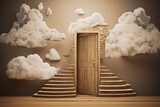 Representation of cultural progress and success through steps leading to a symbolic door amidst clouds. Generative AI