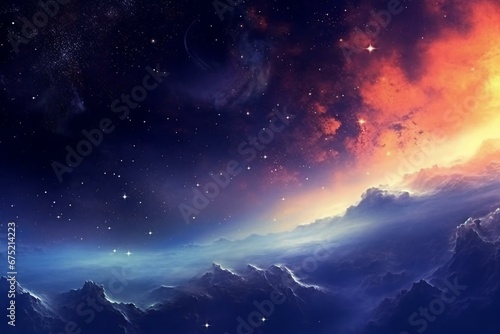 A horizontal background with space and nebulae. Generative AI