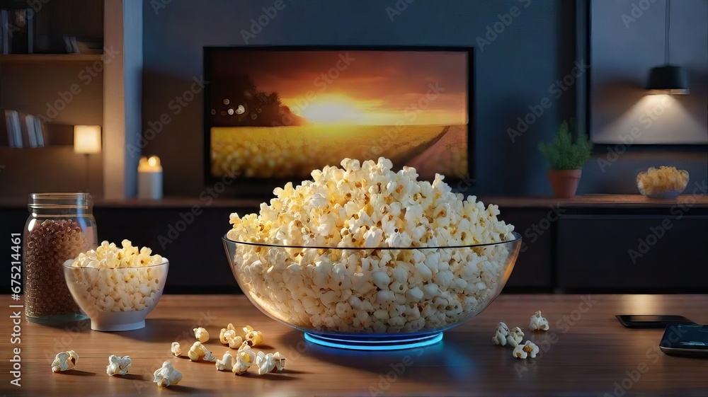 Cozy Home Entertainment: Glass Bowl of Popcorn with TV in the Background for Movie or TV Series Night. Cozy Home Entertainment: Glass Bowl of Popcorn with TV in the Background for Movie or TV Series Night.